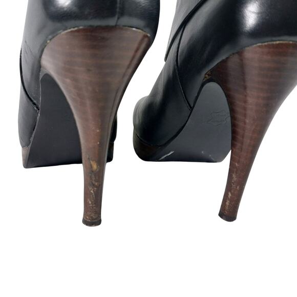 STEVE MADDEN! BLACK GENUINE LEATHER, BROWN STACKED WOOD HEEL/SOLE BOOTS! SZ 6.5M - Picture 9 of 12